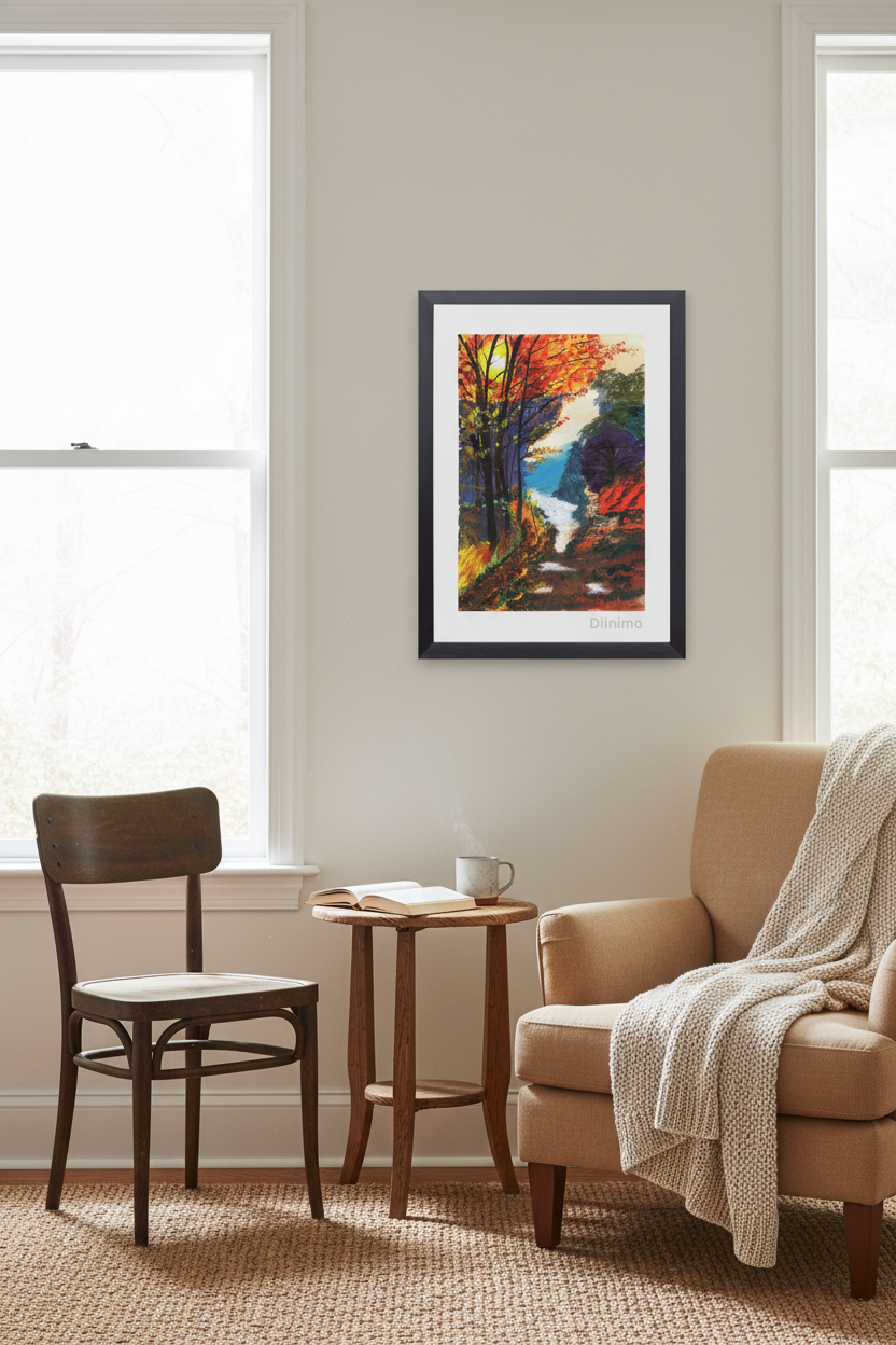 Autumn Pathway Serenity | Vibrant Fall Framed Painting