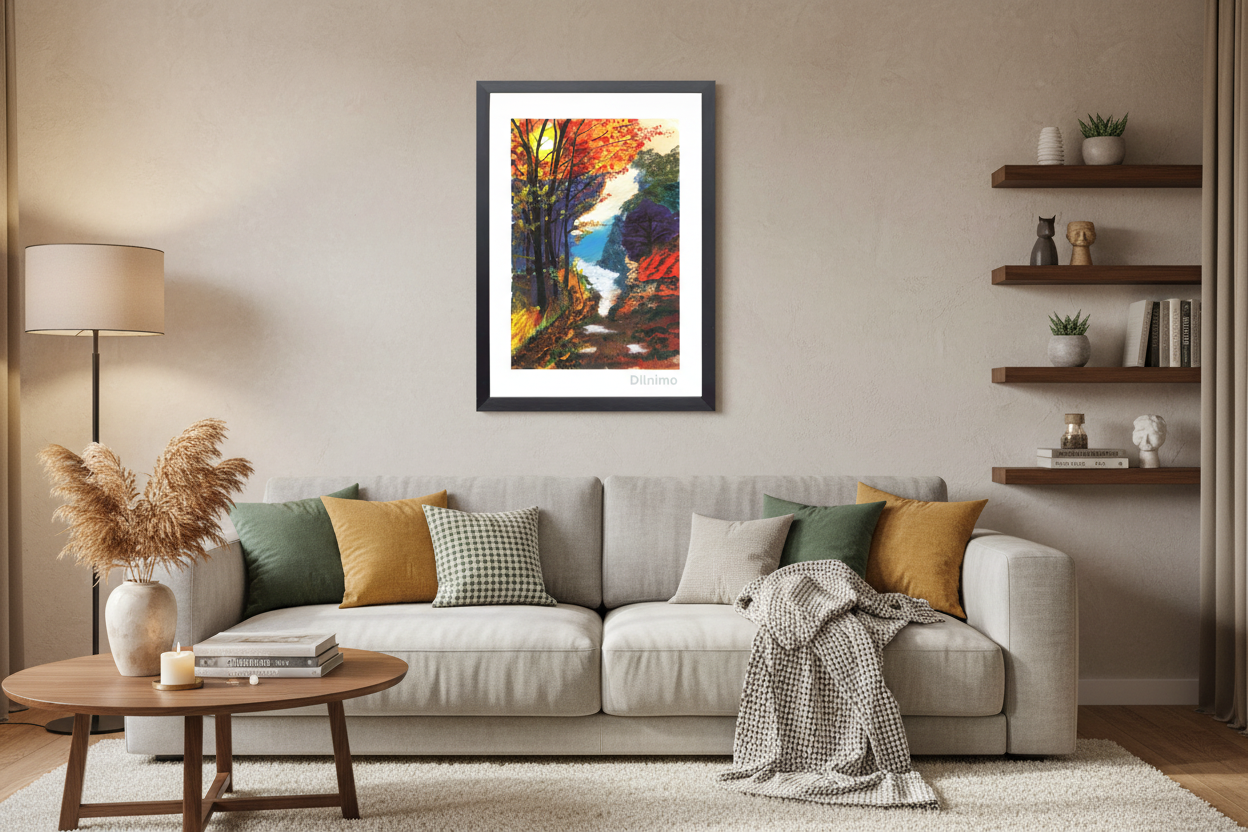 Autumn Pathway Serenity | Vibrant Fall Framed Painting