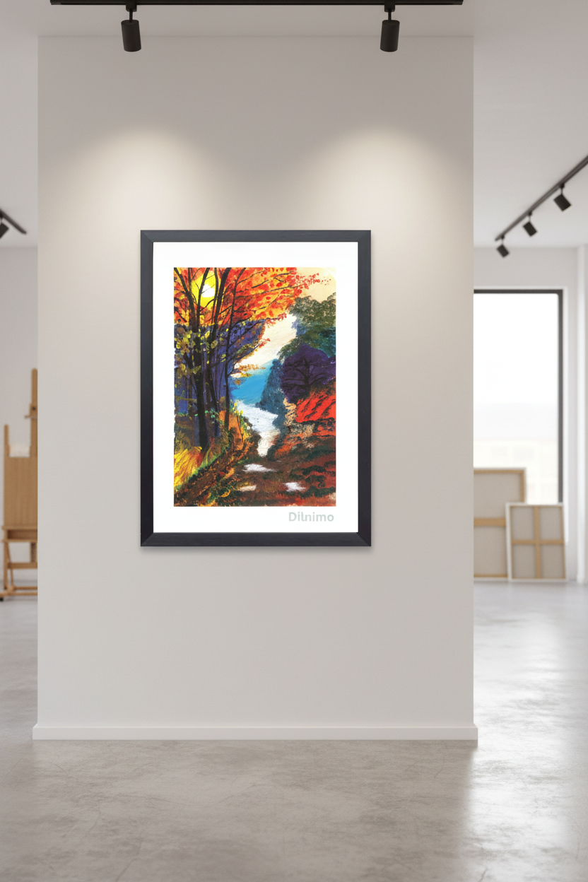 Autumn Pathway Serenity | Vibrant Fall Framed Painting