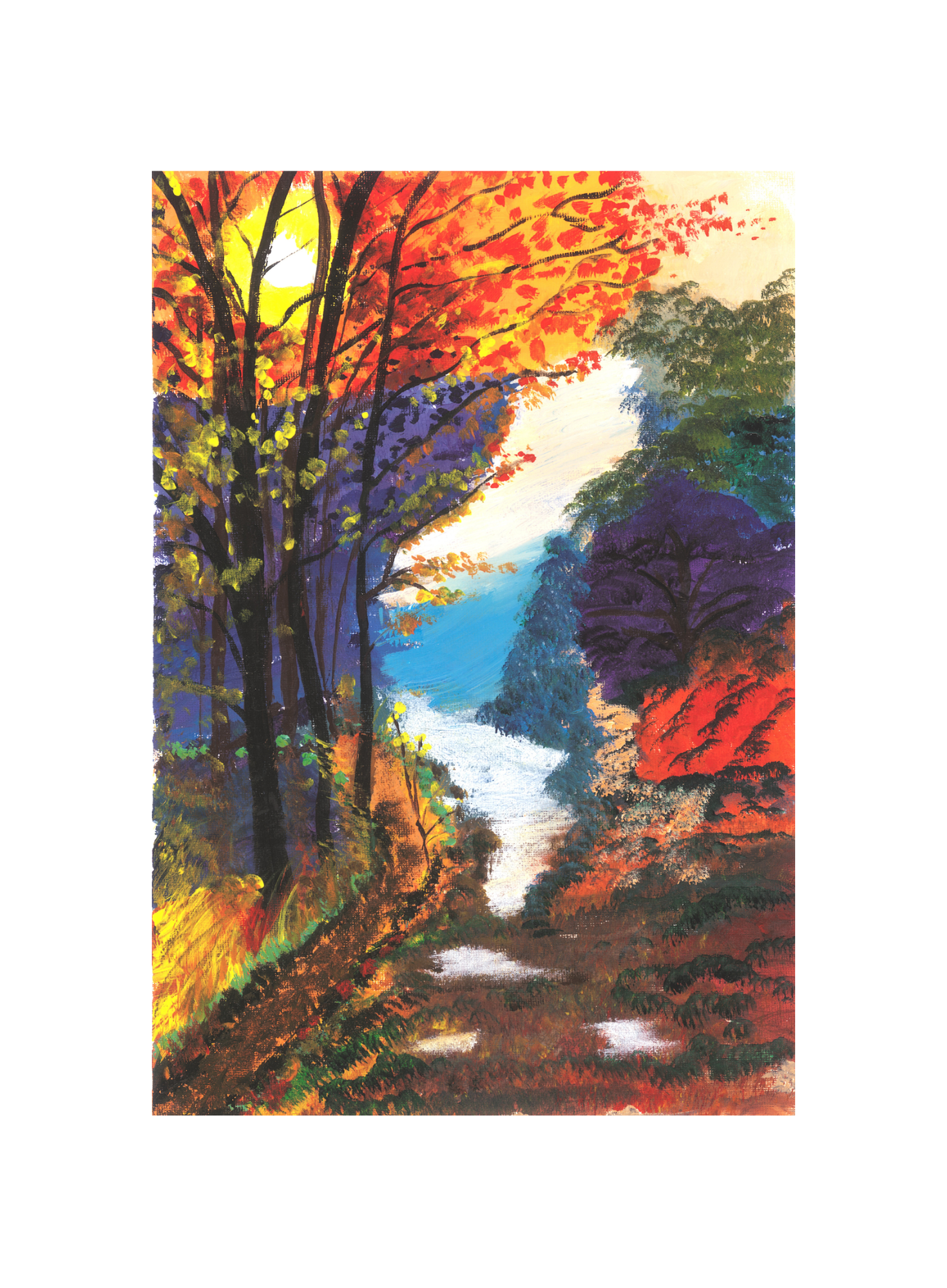 A vibrant fall wall art print featuring a serene pathway surrounded by colorful trees, with a blend of autumnal colors and natural scenery.