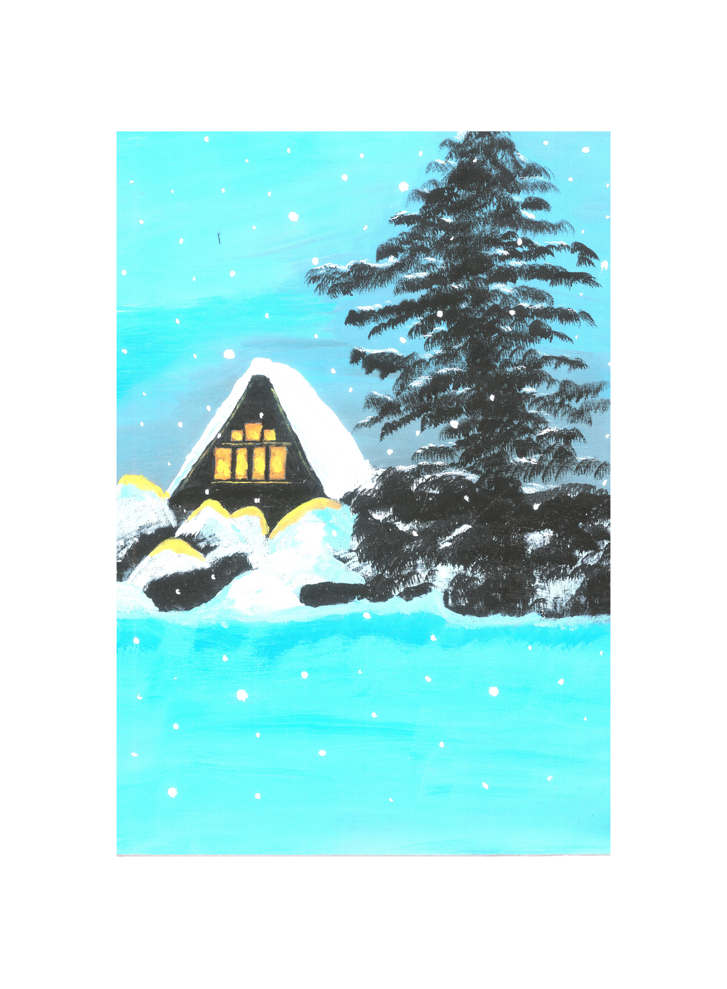 A art print featuring a snow-covered landscape with a glowing cabin and pine trees, set against a blue background with snowflakes.