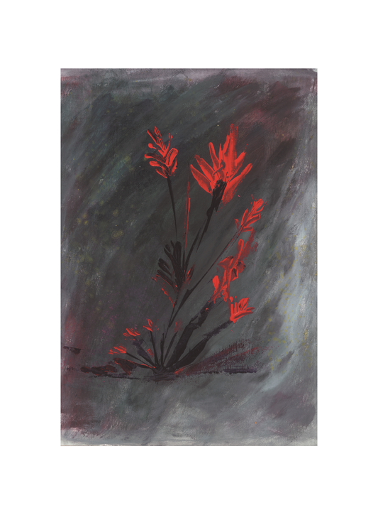 A painting of red floral elements on a dark background, representing a part of a larger artwork.