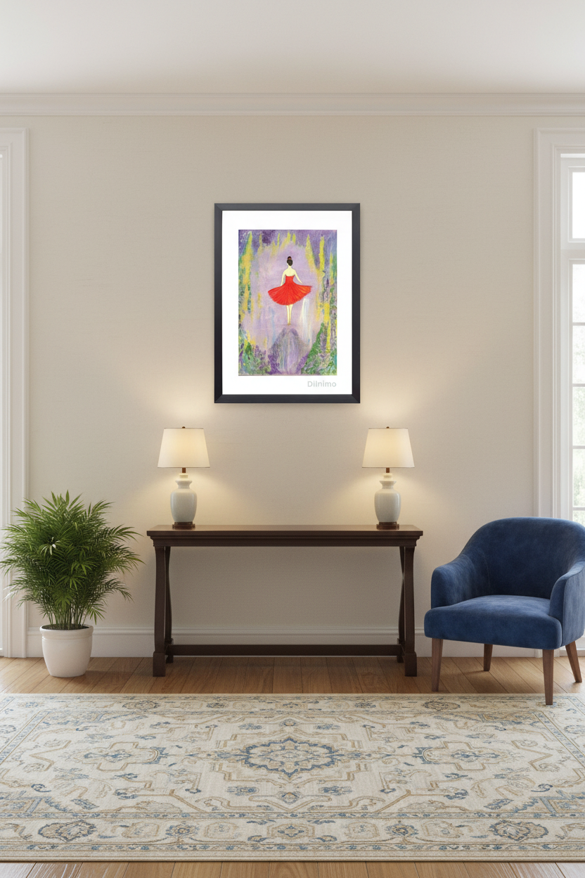 Elegant Ballet Dancer in Red Dress  | Framed Painting