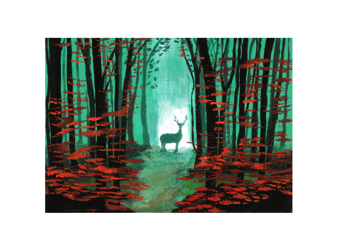 A wall art print featuring a forest scene with a majestic deer, vibrant red foliage, and a pathway through the trees.