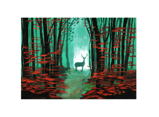 A wall art print featuring a forest scene with a majestic deer, vibrant red foliage, and a pathway through the trees.