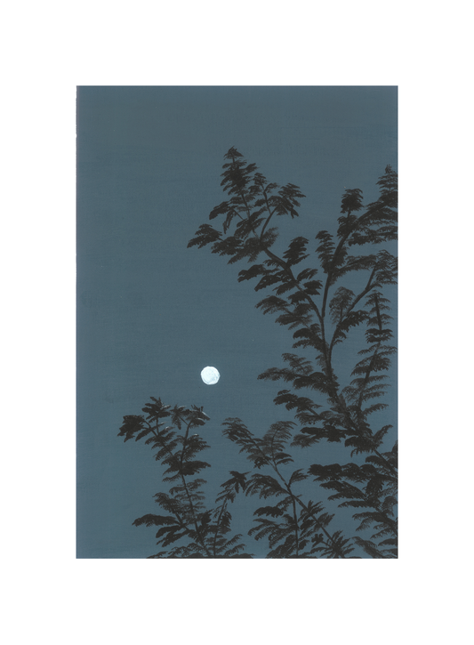 Framed art print depicting a moonlit night scene with tree silhouettes against a blue background.