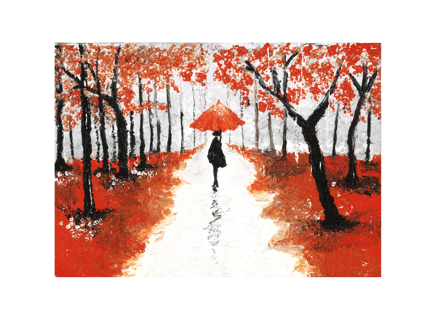 A wall art print featuring a figure under a red umbrella walking down a tree-lined path with autumnal trees in the background.