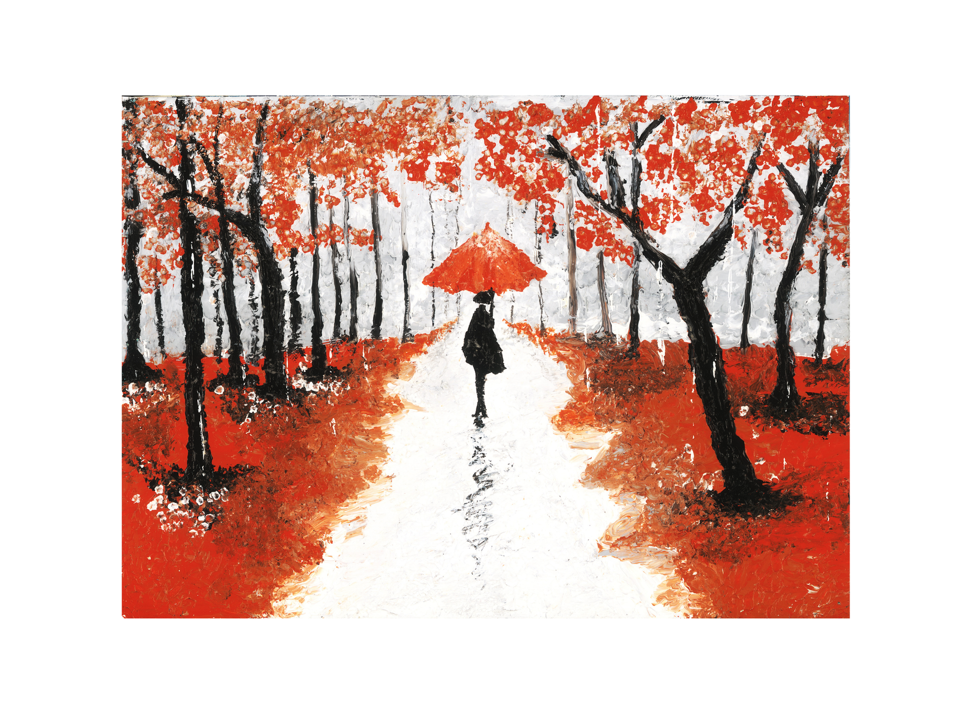 A wall art print featuring a figure under a red umbrella walking down a tree-lined path with autumnal trees in the background.