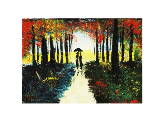 A vibrant wall art print featuring a couple walking under an umbrella in a forest with autumn colors.
