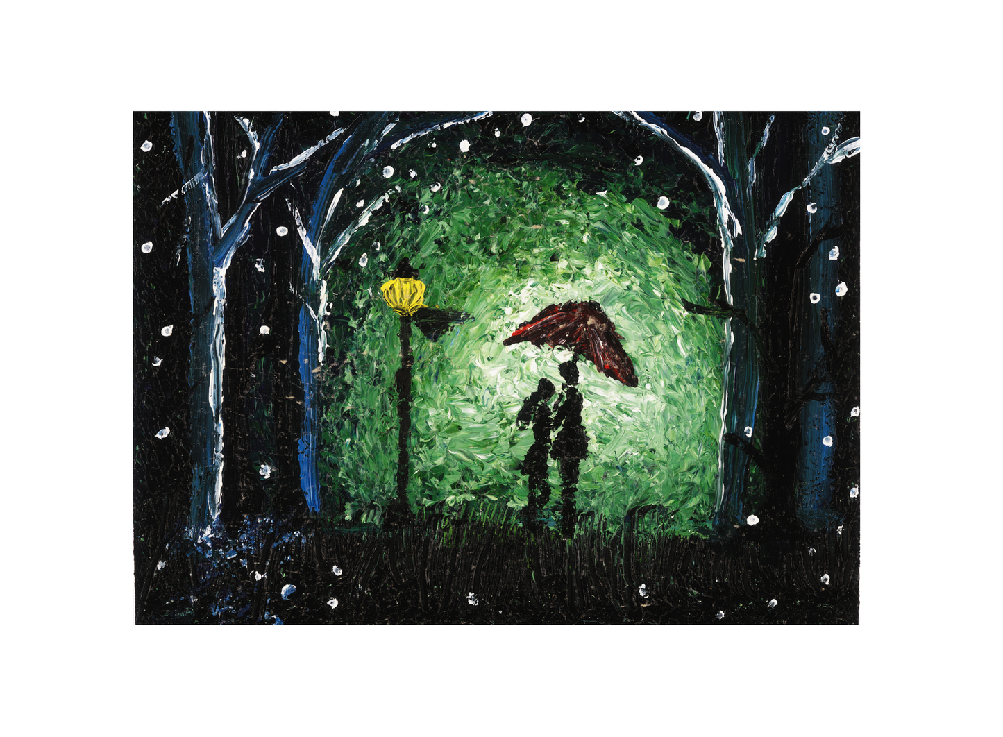 A romantic night wall art print featuring a couple under an umbrella on a snowy night with a glowing lamppost and vibrant green backdrop.