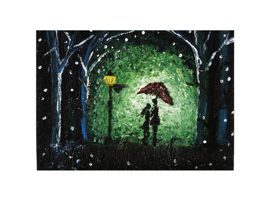 A romantic night wall art print featuring a couple under an umbrella on a snowy night with a glowing lamppost and vibrant green backdrop.