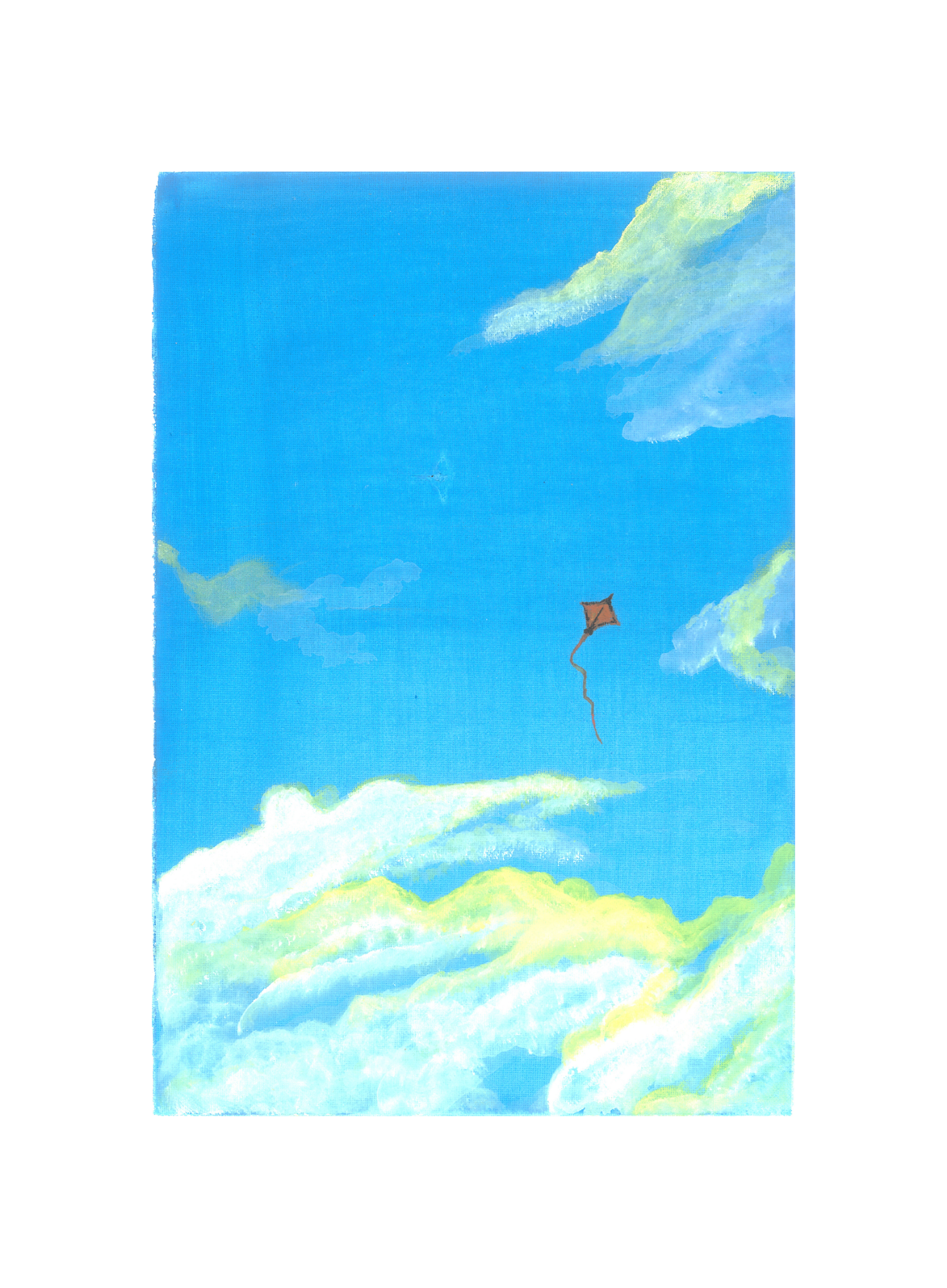 Framed wall art print depicting a clear blue sky with a single kite flying high and some clouds in the distance.