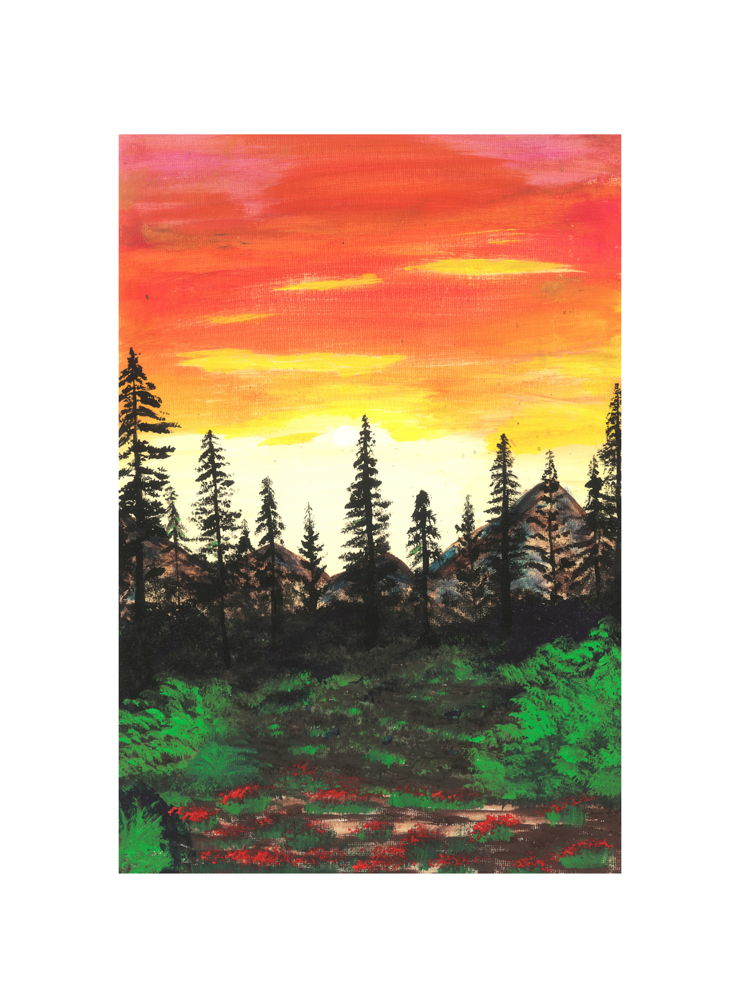 A vibrant wall art print featuring a serene sunset forest scene with trees and a sky gradient from yellow to dark brown.