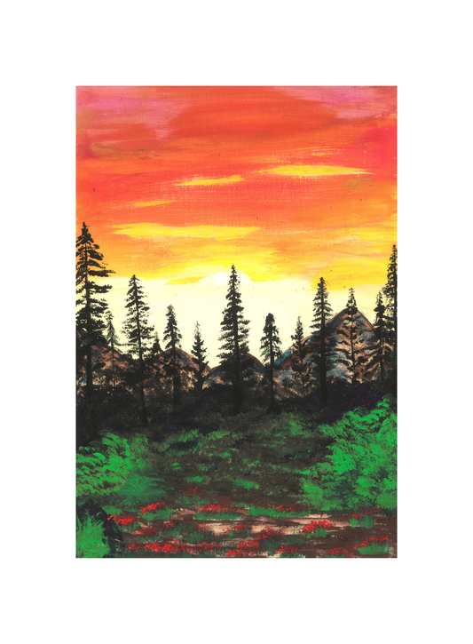 A vibrant wall art print featuring a serene sunset forest scene with trees and a sky gradient from yellow to dark brown.