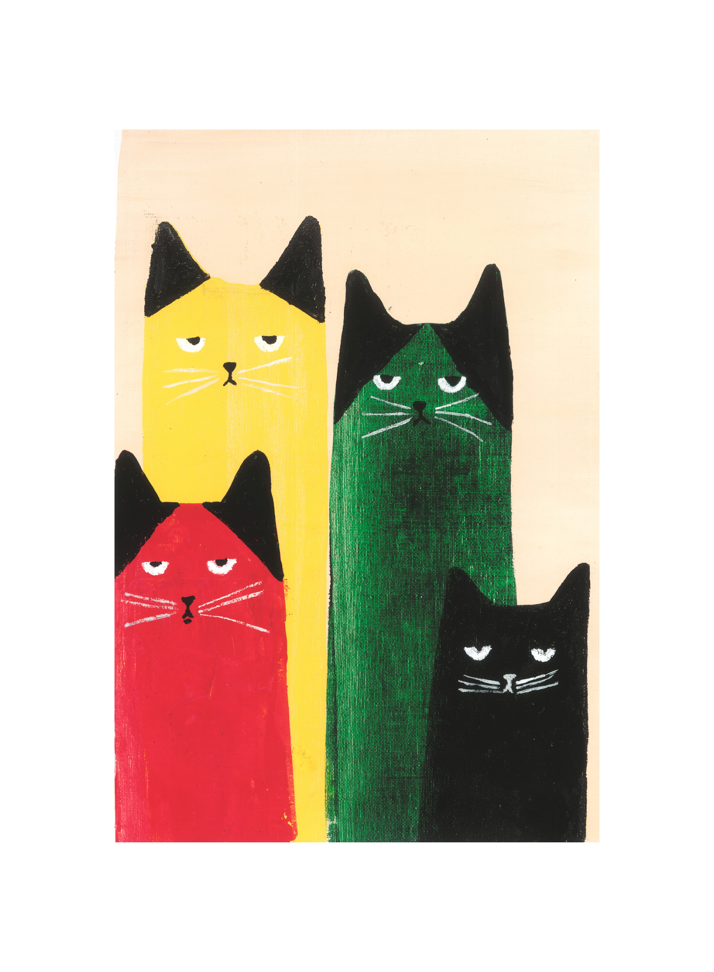 A framed print featuring colorful artistic representations of three cats in a vertical arrangement, with a white background.