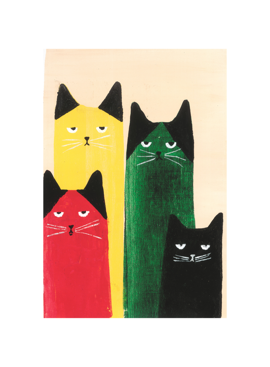 A framed print featuring colorful artistic representations of three cats in a vertical arrangement, with a white background.