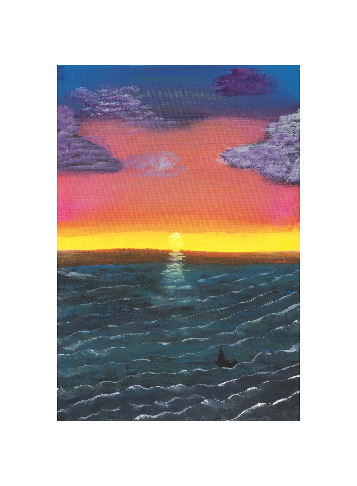 A wall art print featuring a serene ocean sunset with a blend of vibrant and soothing colors, depicting a calm sea and a setting sun.
