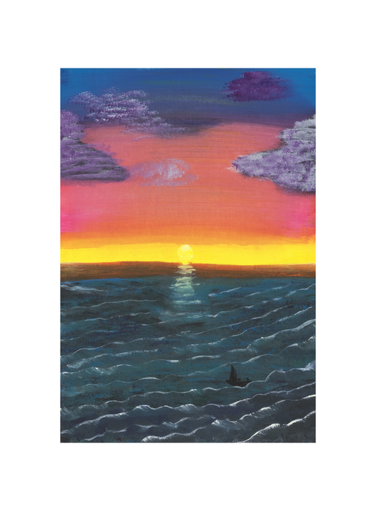 A wall art print featuring a serene ocean sunset with a blend of vibrant and soothing colors, depicting a calm sea and a setting sun.