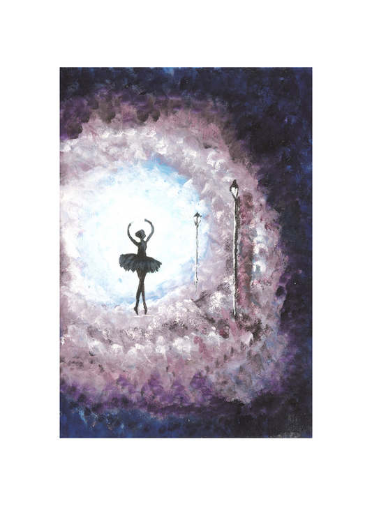 A wall art print featuring a silhouette of a ballerina dancing under twilight skies, with a blend of purple and blue hues creating a dreamy atmosphere.