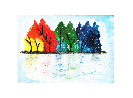 A colorful wall art print featuring a vibrant rainbow-colored forest scene with trees and reflective water.