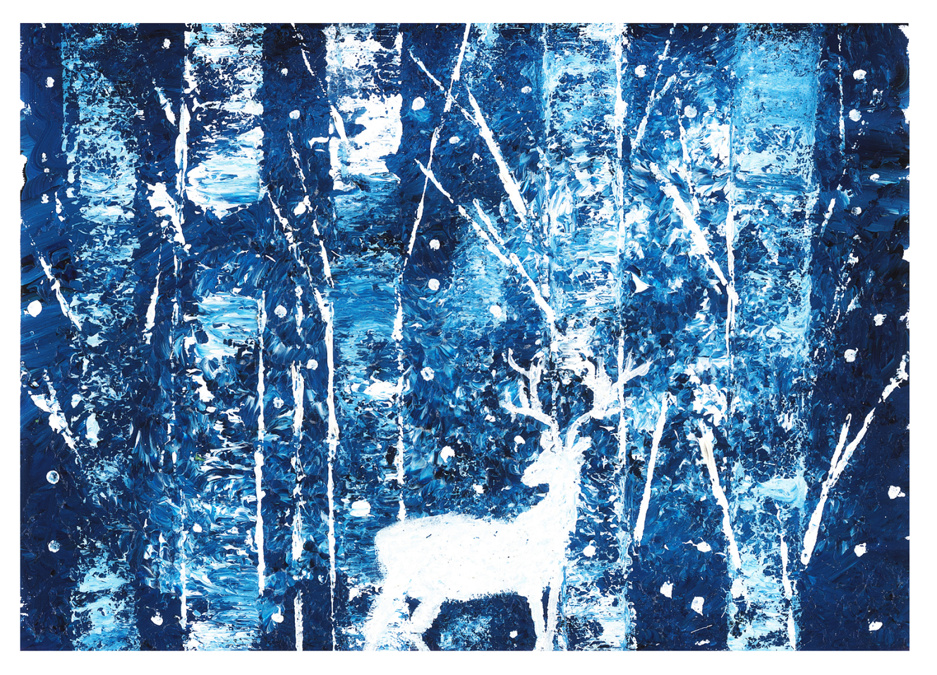 A wall art print featuring a white deer in a snowy, blue-toned forest with abstract and serene landscape elements.