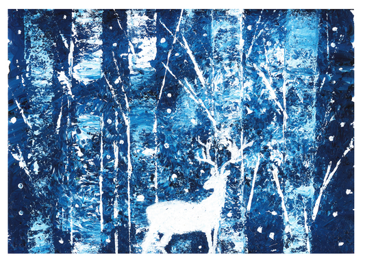 A wall art print featuring a white deer in a snowy, blue-toned forest with abstract and serene landscape elements.